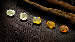 Figure 1. These exceptional natural yellow sapphires from Madagascar (2.1–2.6 ct) represent both the Fe<sup>3+</sup> chromophore and the trapped hole paired with Fe<sup>3+</sup>. Photo by Ronnakorn Manorotkul/Lotus Gemology; courtesy of GemFever.